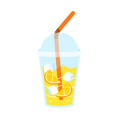 Fruit smoothie or juice in closed plastic cup with straw. Fresh lemonade. Take away summer drink with ice and lemon. Fresh lemon juice, tasty beverage flat vector illustration on white background.