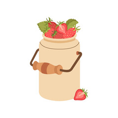 Can with strawberries. Iron basket full with strawberries. Farm symbol, berries in metal pail, vitamin and summer object. Gathered harvest in flat design style. Vector flat illustration.