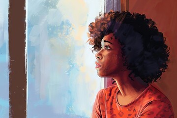 job loss anxiety young black woman looking worried by window after redundancy digital illustration