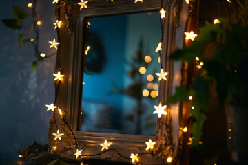 Mirror framed with fairy lights arranged in the shape of stars, reflecting a soft and enchanting glow. The lights add a celestial touch to the room. 