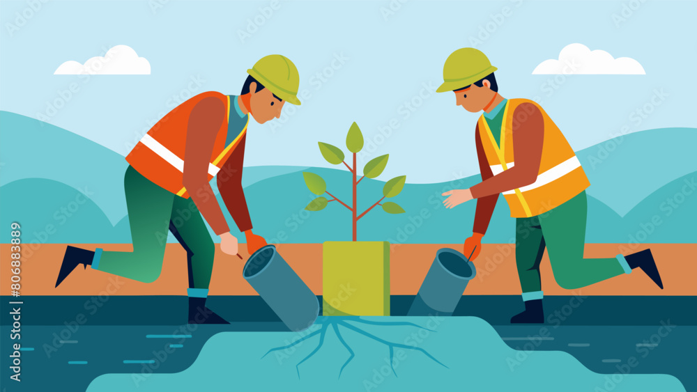 Poster the construction crew installs a layer of root barrier to prevent plant roots from trating the water