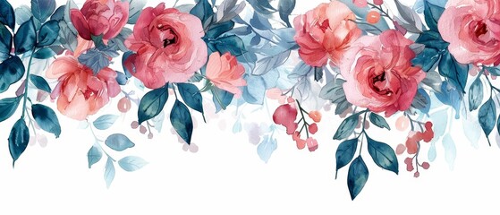 Create a watercolor header for personal or professional stationery, featuring a continuous floral frame across the top, isolated on a clean white background