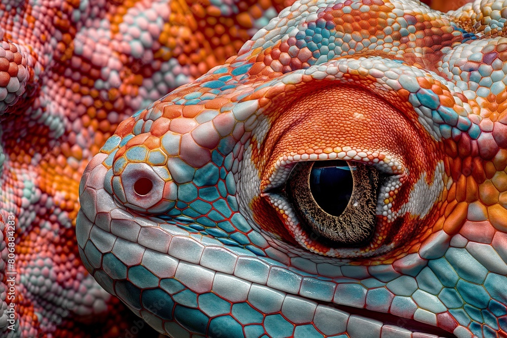 Poster a lizard with an open eye stares at the camera in front of him