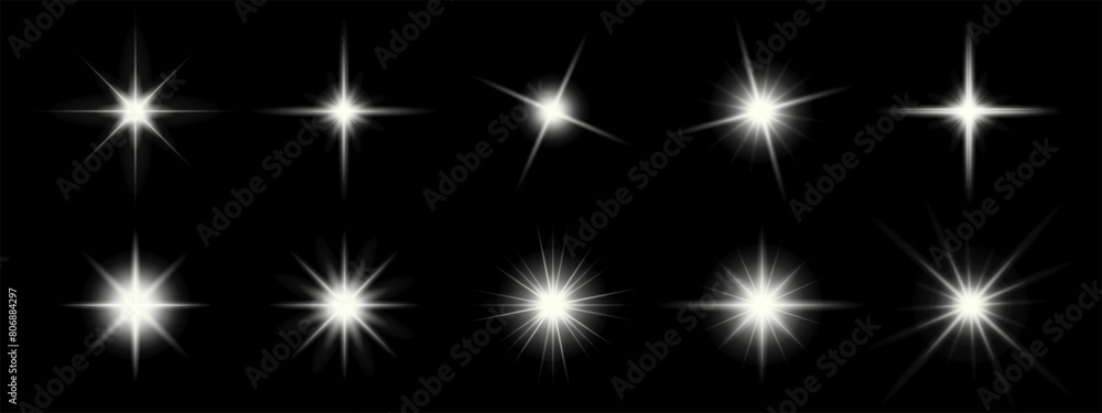 Poster set of sparkling stars on black background. glow effect. christmas concept. festive lights. vector e
