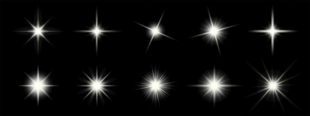Set of sparkling stars on black background. Glow effect. Christmas concept. Festive lights. Vector EPS 10 © thebeststocker