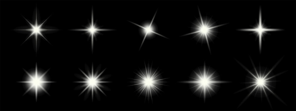 Set of sparkling stars on black background. Glow effect. Christmas concept. Festive lights. Vector EPS 10