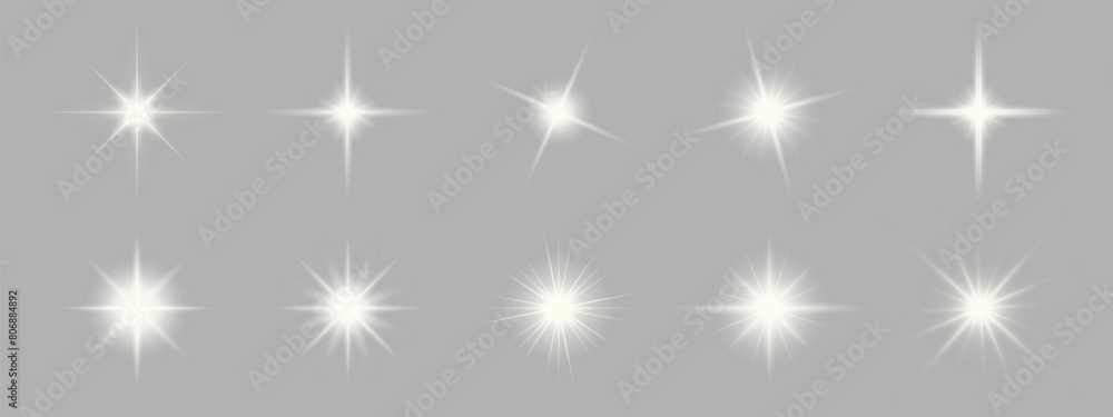Poster set of sparkling stars on transparent background. glow effect. christmas concept. festive lights. pn