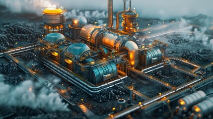 Design a 3D rendered model of a highefficiency geothermal power station, illustrating its mechanism for harnessing the earth s heat for electric power