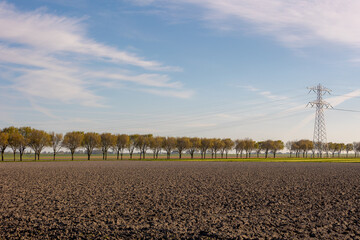 Spring landscape, Typical Dutch polder land with warm sunlight in the morning, Plowed the soil on...