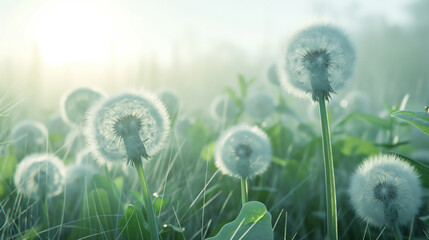 dandelion flowers highlighted by the sun