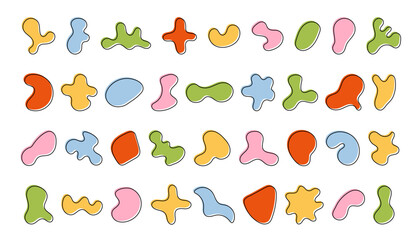 Abstract colorful shapes with stroke, organic blobs and blotch of irregular shape. Big Inkblot silhouettes set, simple liquid element. Flat vector illustration