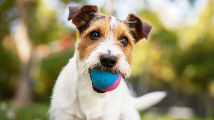 庭でカラフルなボールを持って遊んでいる愛らしいジャック・ラッセル・テリア犬のクローズ アップ ポートレート