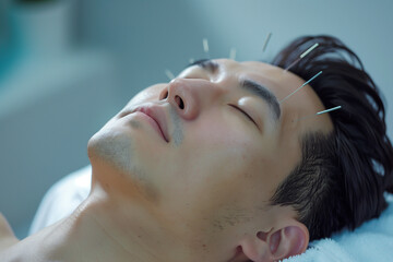 Alternative treatment of a man with healing methods of acupuncture.