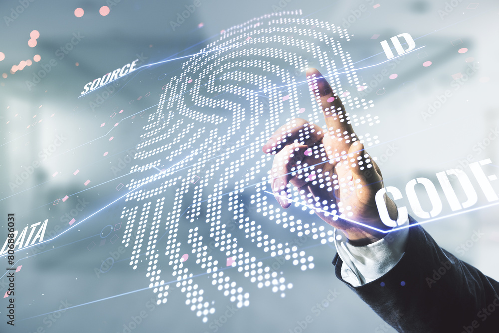 Aufkleber Multi exposure of developer's hand clicks on virtual graphic fingerprint sketch on blurred office background, fingerprint scan data concept