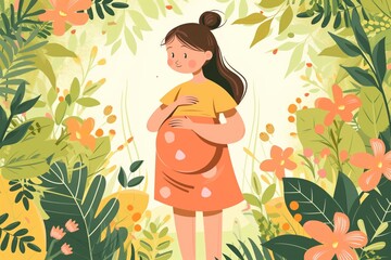 Illustration of serene pregnant woman in dress, surrounded by vibrant spring florals. Warm tones, dynamic floral elements convey sense of growth, renewal, themes of maternity, springtime beauty