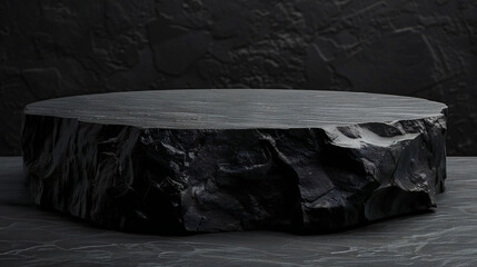 Striking Black Stone Podium atop Dark Rock Background: An Abstract 3D Illustration of a Versatile Product Display Platform