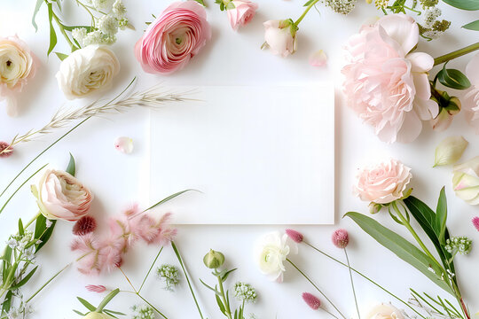 Photorealistic image of a sheet of white paper on a background of delicate flowers, Wedding Concept, congratulations and invitation, white blank letterhead for invitation text among pink flowers