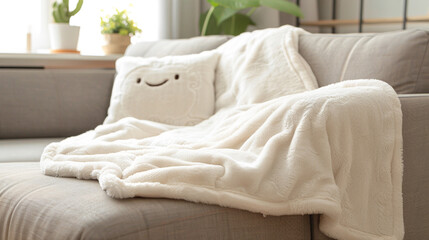 A cozy throw blanket with a smiling face, inviting you to snuggle up and relax on the couch.