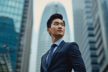 Young Asian businessman gazes upward, inspired by towering glass skyscrapers around him. Professional elegance, ambition, set against backdrop of modern corporate architecture. Opportunity, success