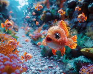 Immerse yourself in a lively underwater realm bustling with quirky characters, comical mishaps, and dynamic aquatic landscapes through a panoramic shot Infuse humor into the scene with playful interac