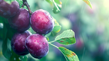 Ripe purple plums hanging on a branch after rainfall. Close-up image with a selective focus on fresh fruit. Natural, healthy food concept. Vibrant colors in a soft light. AI - Powered by Adobe