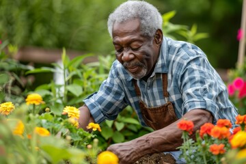 senior african american man gardening and planting flowers fathers day outdoor nature concept