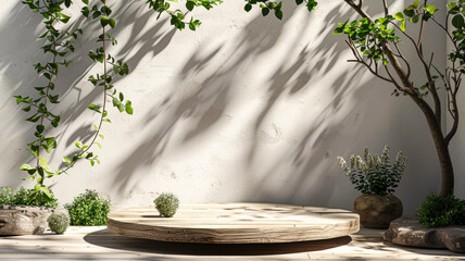 Empty minimal natural wooden table counter podium, beautiful wood grain in sunlight,