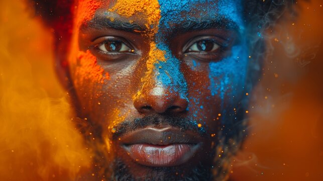Vibrant portrait of a young man with colorful face paint celebrating culture during a festival at dusk in an urban setting