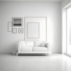modern interior with white sofa and empty frame on wall for advertisement, Created using generative AI.