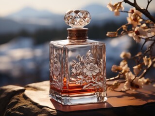 Elegant glass  bottle with flower background.