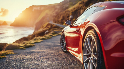 Red Sports Car Parked on Coastal Road at Sunset - A Blend of Luxury, Nature, and Adventure.