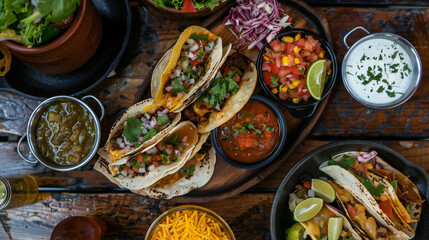 Colorful Taco Fiesta: A Splendid Spread of Traditional Mexican Tacos with Myriad Side Dishes and Sauces in a Top-Down View