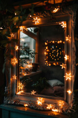 Mirror framed with fairy lights arranged in the shape of stars, reflecting a soft and enchanting glow. The lights add a celestial touch to the room. 