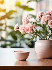 Fototapeta premium A pastel pink vase filled with blooming flowers sits elegantly on a wooden table, illuminated by soft sunlight filtering through a nearby window in a cozy indoor space
