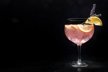 Fancy cocktail with fresh fruit. Gin and tonic drink with ice at a party, on a black background....