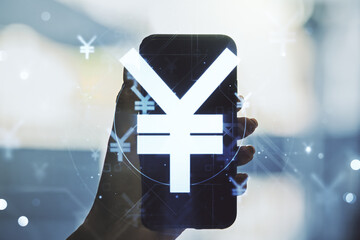 Creative concept of Japanese Yen symbol illustration and hand with phone on background. Trading and...