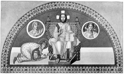 Christ in Majesty. Mosaic in Hagia Sophia (Constantinople). Publication of the book "Meyers Konversations-Lexikon", Volume 7, Leipzig, Germany, 1910