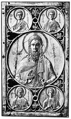 Ivory tablet with images: John the Baptist, Philip the Apostle, Saint Stephen, Andrew and Thomas the Apostles. Publication of the book "Meyers Konversations-Lexikon", Volume 7, Leipzig, Germany, 1910