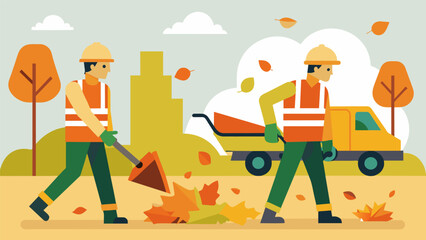 Naklejka premium Workers wearing fallcolored safety vests and hard hats using specialized machinery to clear fallen leaves and debris from a construction site before. Vector illustration