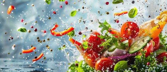 Design a vibrant poster for a health food restaurant featuring a highresolution image of a fresh vegetable salad with a dynamic splash of dressing