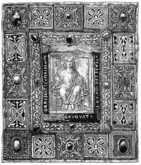 Cover of a gospel book. Carolingian period. Goldsmith's work with enamel, precious stones and crystals. Early Romanesque. Publication of Meyers Konversations-Lexikon, Vol. 7, Leipzig, Germany, 1910