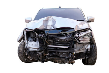 Front of gray or bronze pikup car get damaged by accident on the road. damaged cars after...