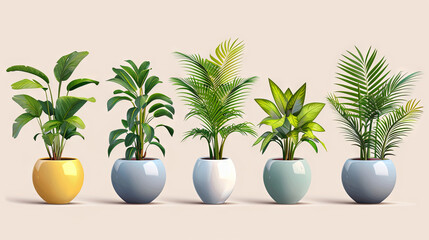 set of illustration of five indoor houseplant