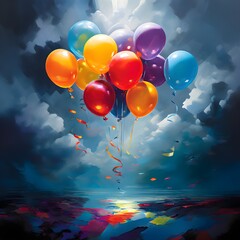 a cluster of vibrant helium balloons floating against a grey background