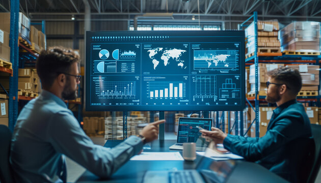 of a logistic team's briefing session in the warehouse, with a large digital board displaying real-time data and logistics analytics, warehouse, industry, with copy space
