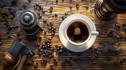 Aerial View of Coffee Cup, Beans, and Grinder