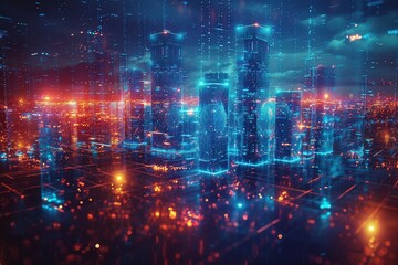 Fototapeta premium A shimmering holographic projection of a cityscape bathed in neon blue hues.
