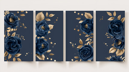 Set of Elegant Navy Blue Wedding Cards with Beautiful Flower Roses and Leaves, Perfect for Invitations and Announcements, Generative Ai

