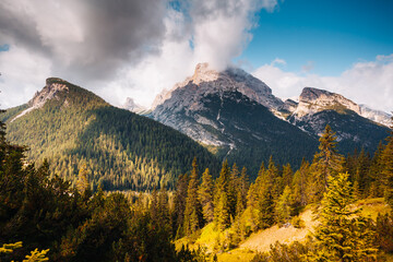Magical view of famous Dolomites mountain peaks. Tre Cime di Lavaredo, Italian Alps, South Tyrol, Europe