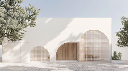 Minimalist white facade with architectural style and large arched windows. - Powered by Adobe